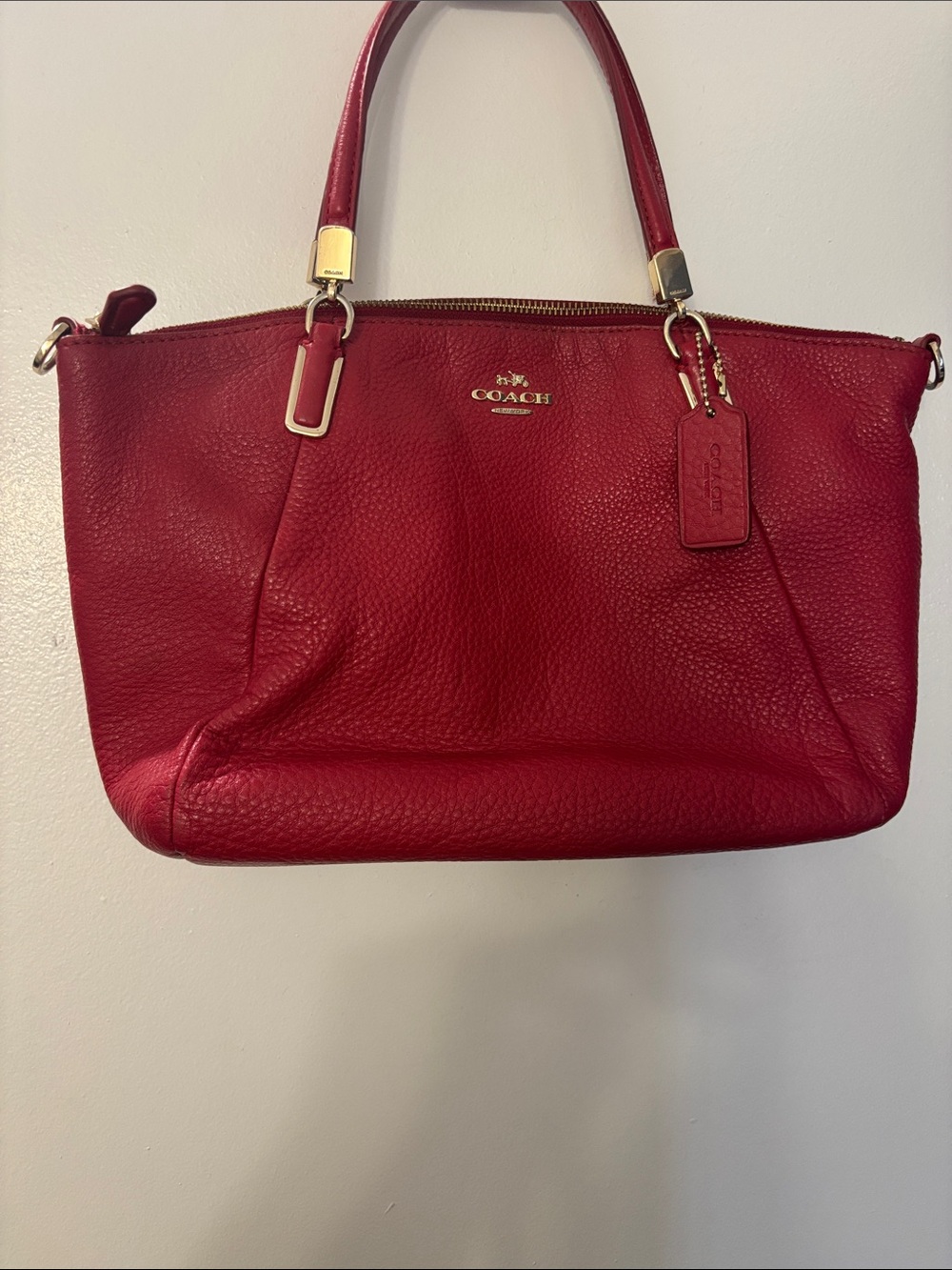Coach Pebbled Leather Shoulder Tote in Cherry Red